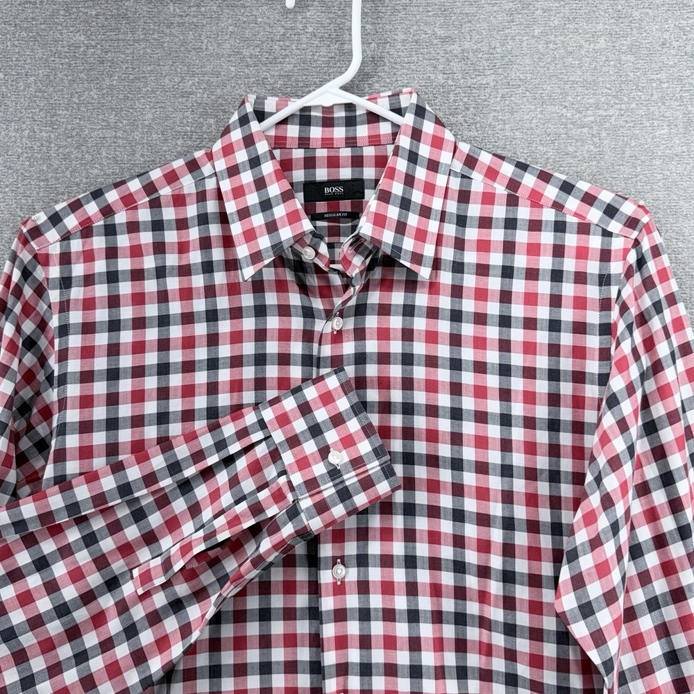 Hugo Boss Regular Fit Long Sleeve Shirt Men Size 16/41 Red Checked Button Up